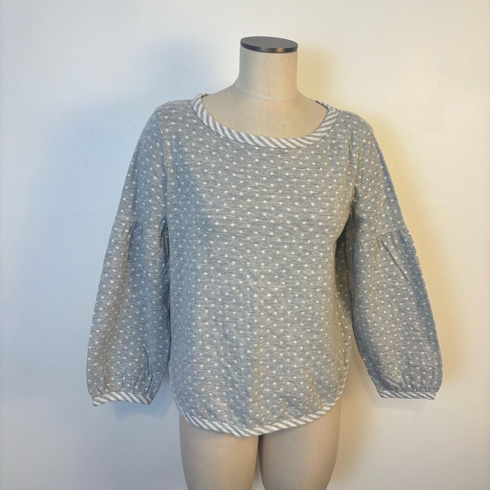 Love Lili Womens S/M Gray White Polka Dot w/ Striped Trim Sweater Balloon Sleeve